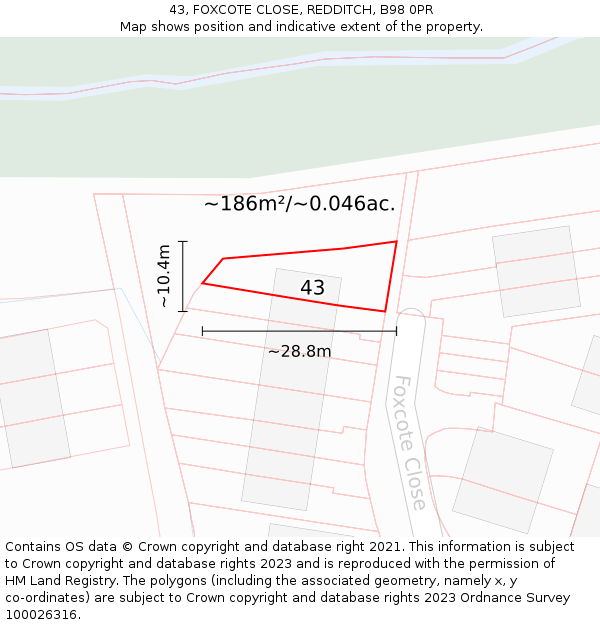 43, FOXCOTE CLOSE, REDDITCH, B98 0PR: Plot and title map
