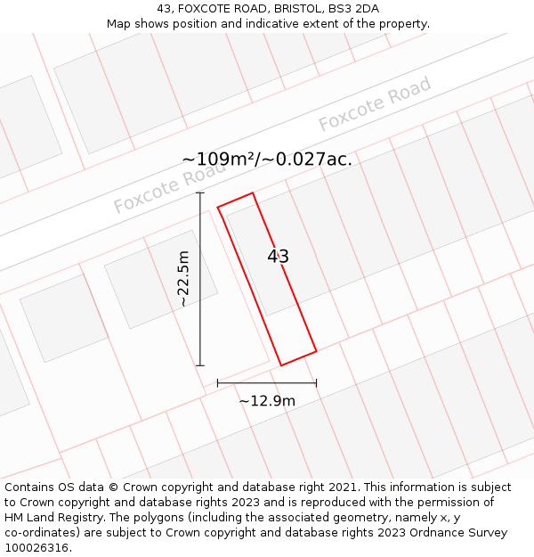 43, FOXCOTE ROAD, BRISTOL, BS3 2DA: Plot and title map