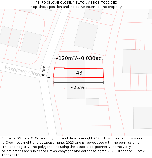 43, FOXGLOVE CLOSE, NEWTON ABBOT, TQ12 1ED: Plot and title map