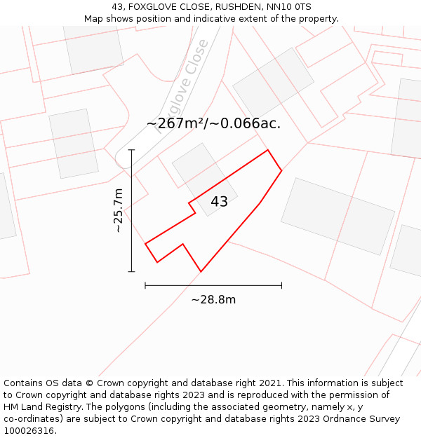 43, FOXGLOVE CLOSE, RUSHDEN, NN10 0TS: Plot and title map