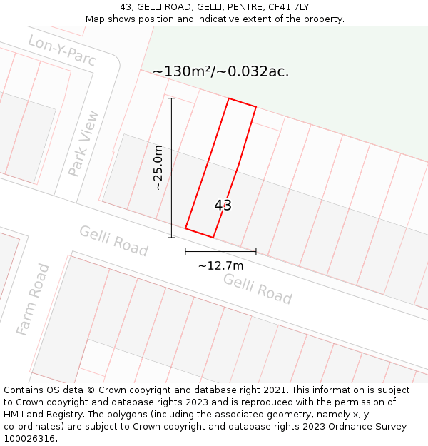 43, GELLI ROAD, GELLI, PENTRE, CF41 7LY: Plot and title map
