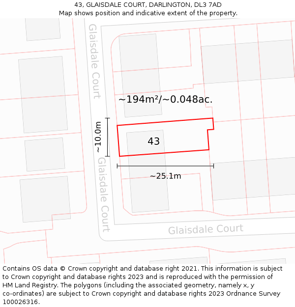 43, GLAISDALE COURT, DARLINGTON, DL3 7AD: Plot and title map