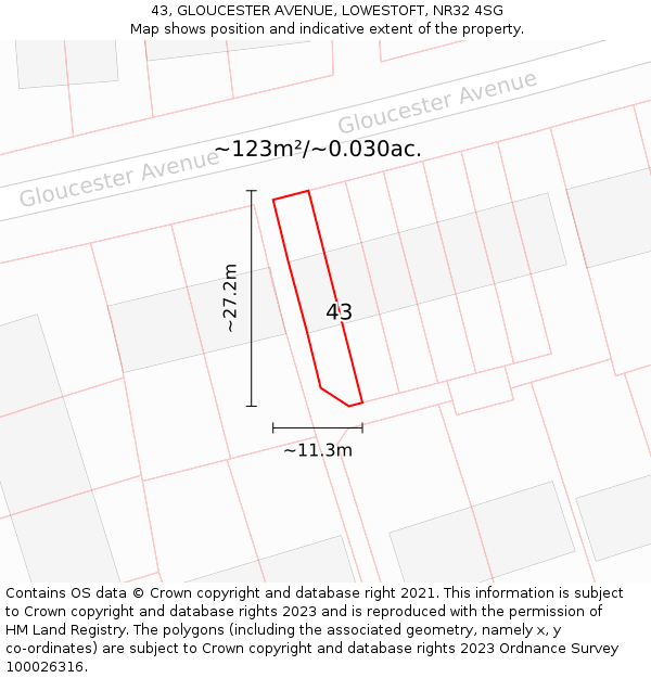 43, GLOUCESTER AVENUE, LOWESTOFT, NR32 4SG: Plot and title map