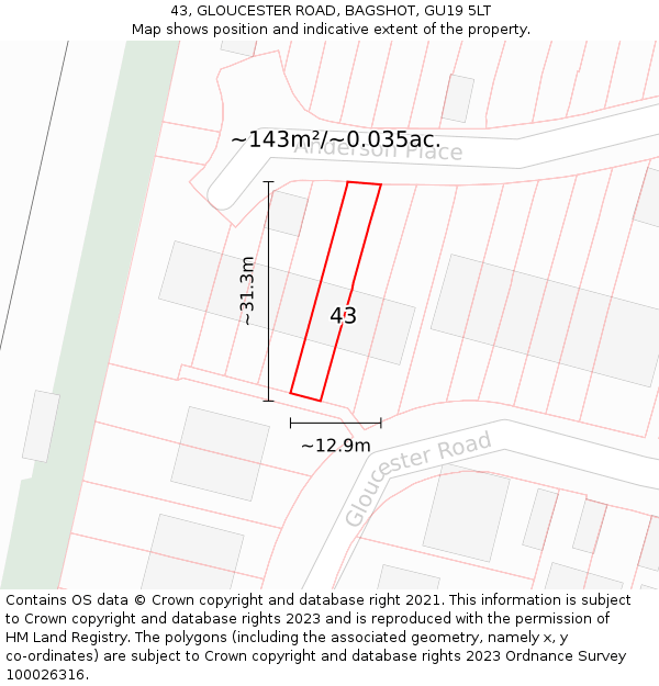 43, GLOUCESTER ROAD, BAGSHOT, GU19 5LT: Plot and title map