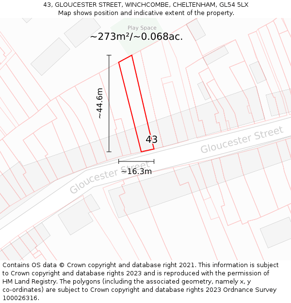 43, GLOUCESTER STREET, WINCHCOMBE, CHELTENHAM, GL54 5LX: Plot and title map