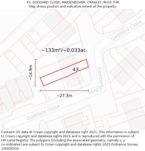43, GODDARD CLOSE, MAIDENBOWER, CRAWLEY, RH10 7HR: Plot and title map