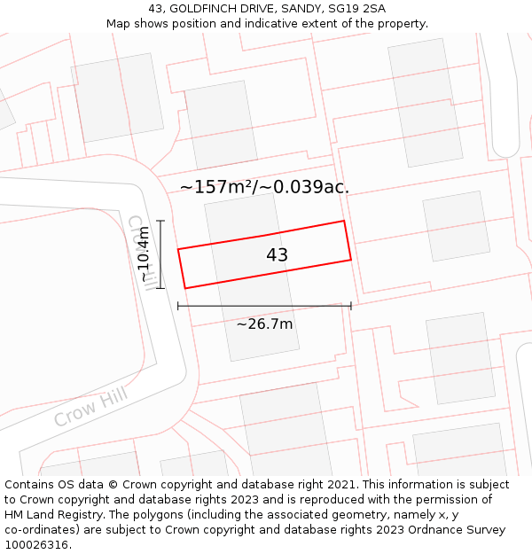 43, GOLDFINCH DRIVE, SANDY, SG19 2SA: Plot and title map
