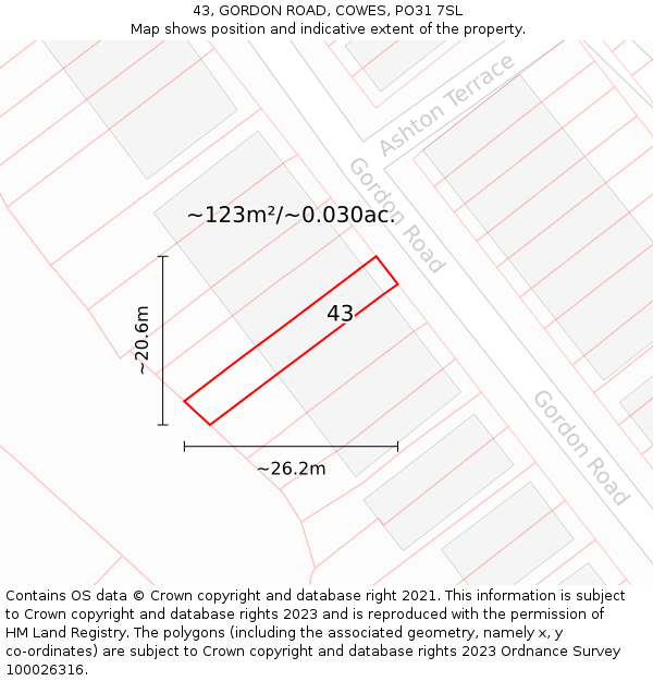 43, GORDON ROAD, COWES, PO31 7SL: Plot and title map