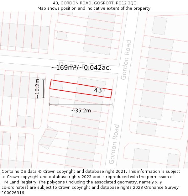 43, GORDON ROAD, GOSPORT, PO12 3QE: Plot and title map