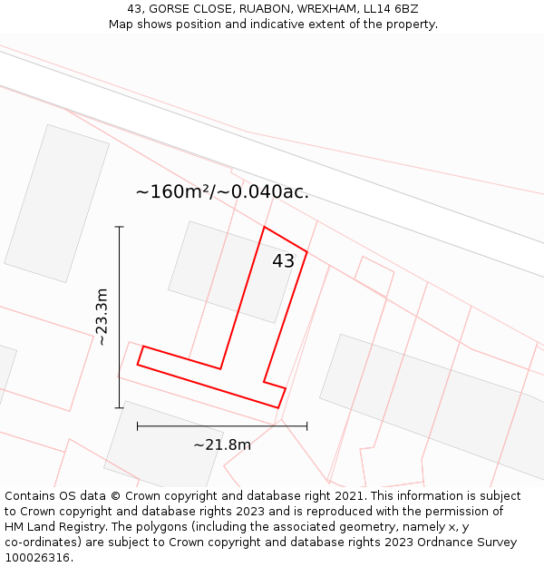 43, GORSE CLOSE, RUABON, WREXHAM, LL14 6BZ: Plot and title map