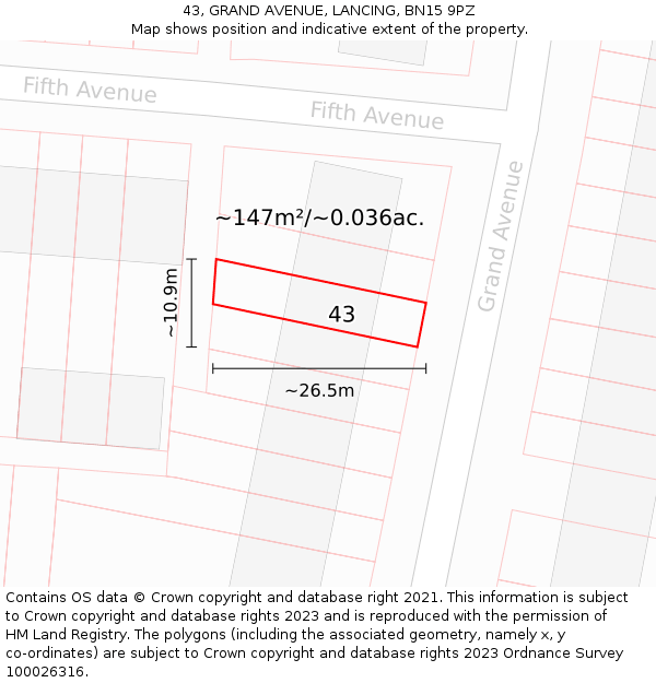 43, GRAND AVENUE, LANCING, BN15 9PZ: Plot and title map