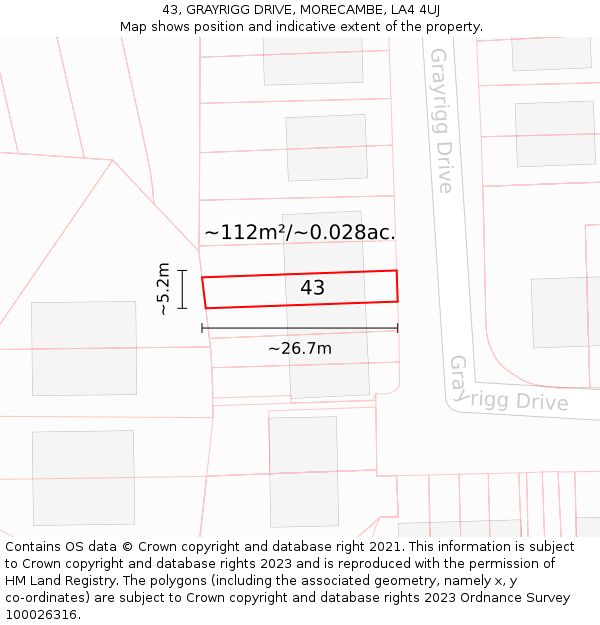 43, GRAYRIGG DRIVE, MORECAMBE, LA4 4UJ: Plot and title map