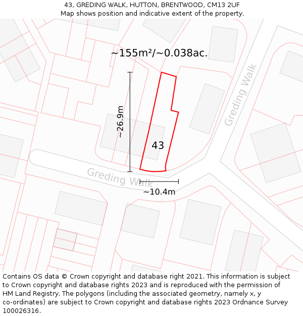 43, GREDING WALK, HUTTON, BRENTWOOD, CM13 2UF: Plot and title map