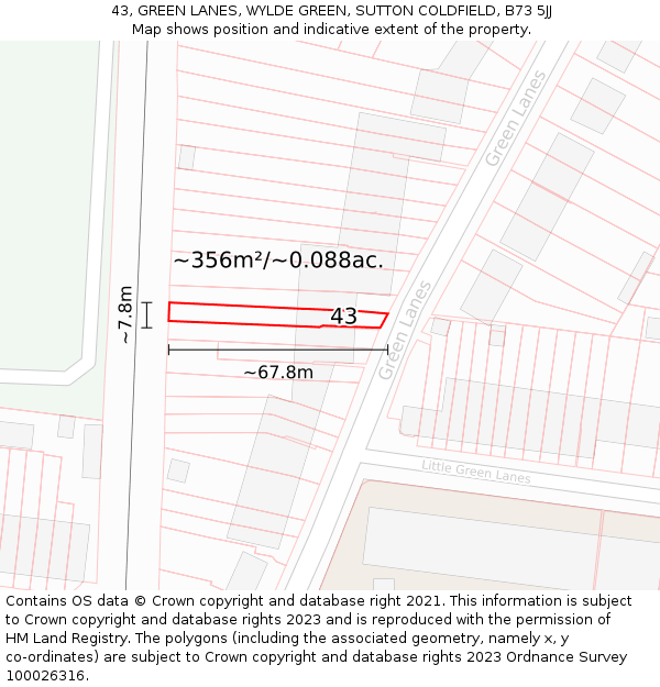 43, GREEN LANES, WYLDE GREEN, SUTTON COLDFIELD, B73 5JJ: Plot and title map