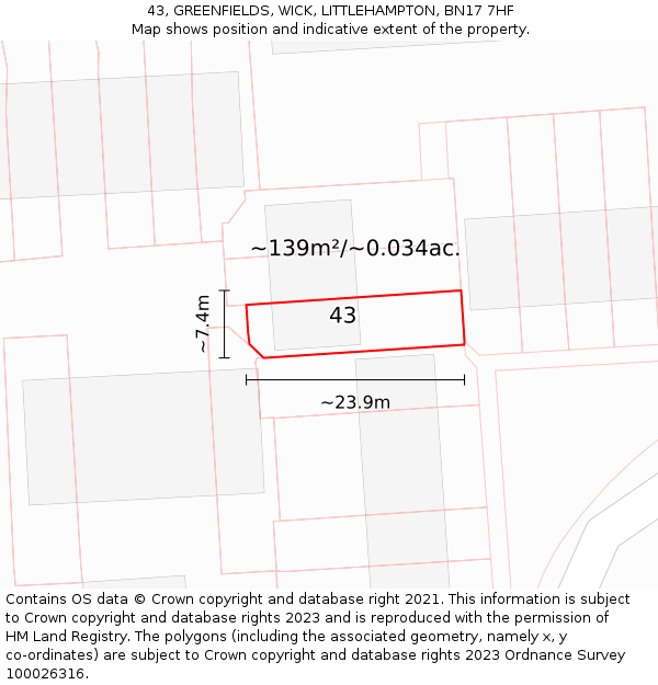 43, GREENFIELDS, WICK, LITTLEHAMPTON, BN17 7HF: Plot and title map