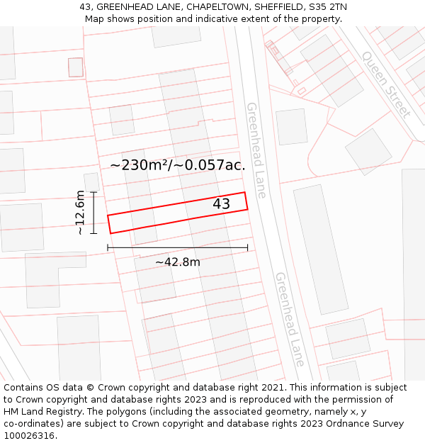 43, GREENHEAD LANE, CHAPELTOWN, SHEFFIELD, S35 2TN: Plot and title map