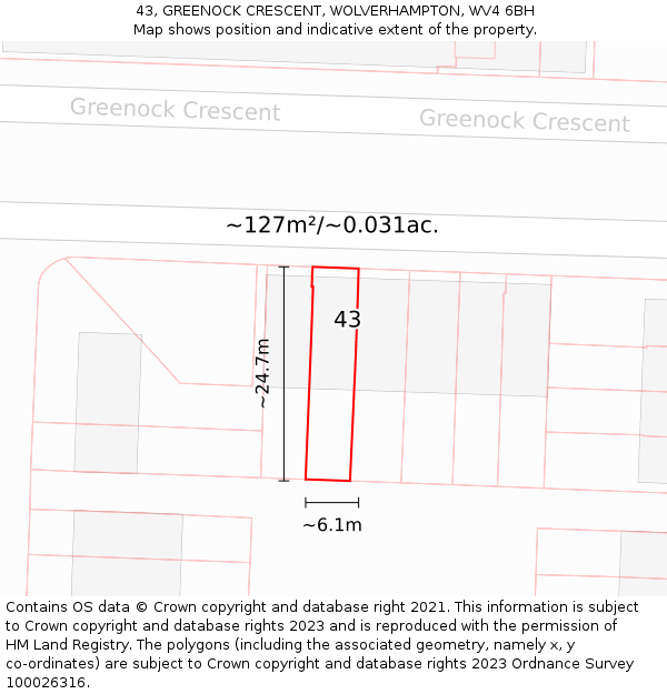 43, GREENOCK CRESCENT, WOLVERHAMPTON, WV4 6BH: Plot and title map