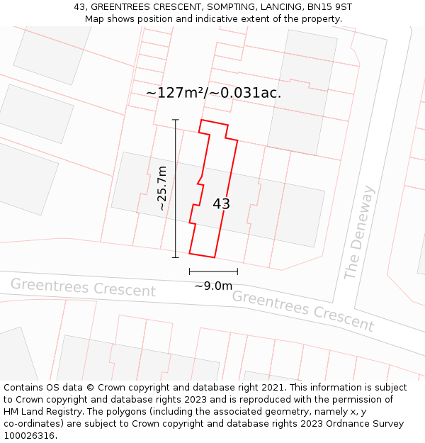 43, GREENTREES CRESCENT, SOMPTING, LANCING, BN15 9ST: Plot and title map