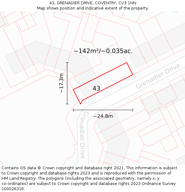 43, GRENADIER DRIVE, COVENTRY, CV3 1NN: Plot and title map