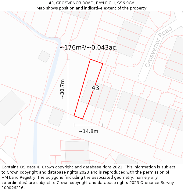 43, GROSVENOR ROAD, RAYLEIGH, SS6 9GA: Plot and title map