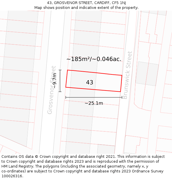 43, GROSVENOR STREET, CARDIFF, CF5 1NJ: Plot and title map