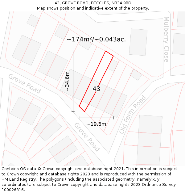 43, GROVE ROAD, BECCLES, NR34 9RD: Plot and title map