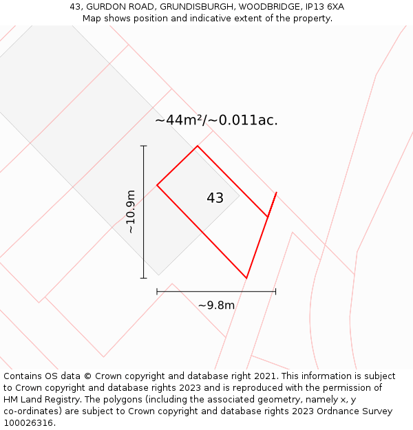 43, GURDON ROAD, GRUNDISBURGH, WOODBRIDGE, IP13 6XA: Plot and title map