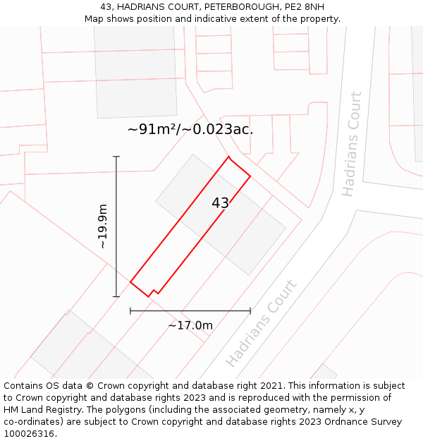 43, HADRIANS COURT, PETERBOROUGH, PE2 8NH: Plot and title map