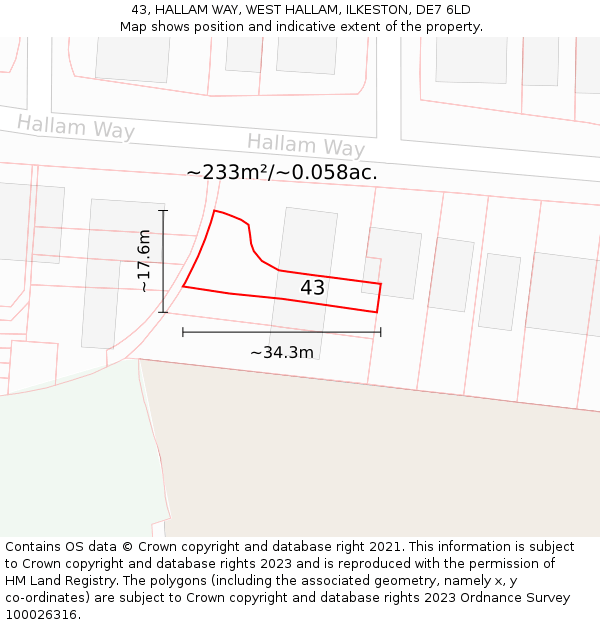 43, HALLAM WAY, WEST HALLAM, ILKESTON, DE7 6LD: Plot and title map