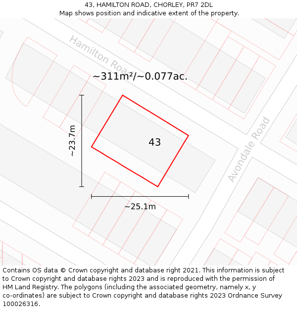 43, HAMILTON ROAD, CHORLEY, PR7 2DL: Plot and title map