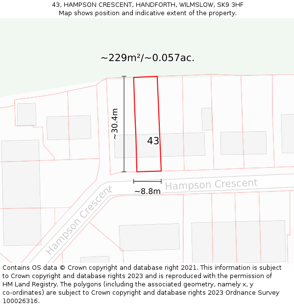 43, HAMPSON CRESCENT, HANDFORTH, WILMSLOW, SK9 3HF: Plot and title map