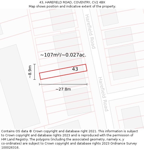 43, HAREFIELD ROAD, COVENTRY, CV2 4BX: Plot and title map