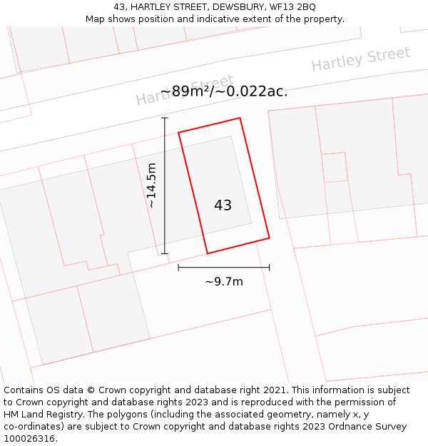 43, HARTLEY STREET, DEWSBURY, WF13 2BQ: Plot and title map