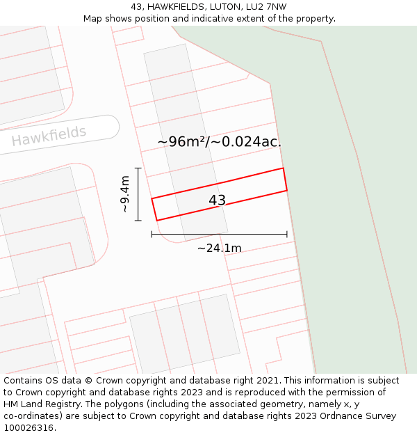 43, HAWKFIELDS, LUTON, LU2 7NW: Plot and title map