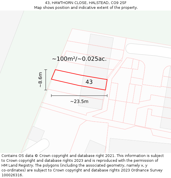 43, HAWTHORN CLOSE, HALSTEAD, CO9 2SF: Plot and title map