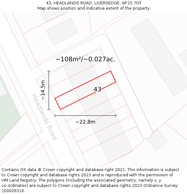 43, HEADLANDS ROAD, LIVERSEDGE, WF15 7NT: Plot and title map