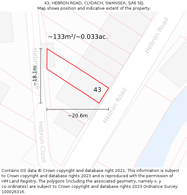 43, HEBRON ROAD, CLYDACH, SWANSEA, SA6 5EJ: Plot and title map