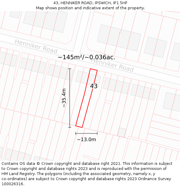 43, HENNIKER ROAD, IPSWICH, IP1 5HF: Plot and title map