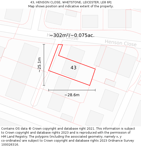 43, HENSON CLOSE, WHETSTONE, LEICESTER, LE8 6PJ: Plot and title map