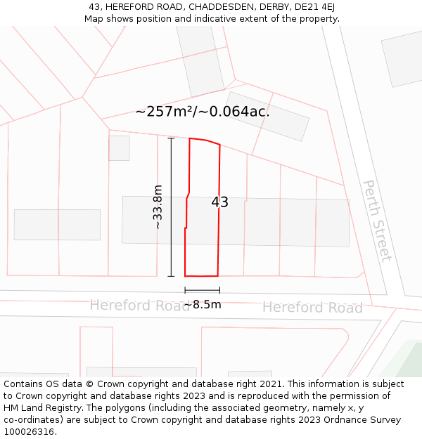 43, HEREFORD ROAD, CHADDESDEN, DERBY, DE21 4EJ: Plot and title map