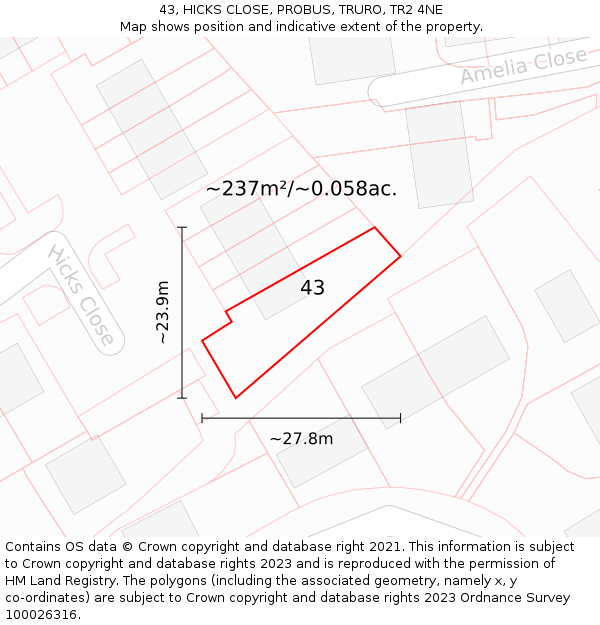 43, HICKS CLOSE, PROBUS, TRURO, TR2 4NE: Plot and title map