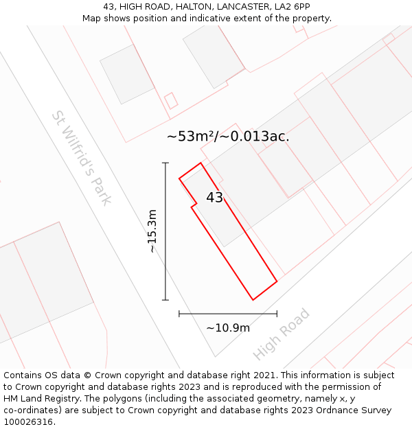43, HIGH ROAD, HALTON, LANCASTER, LA2 6PP: Plot and title map