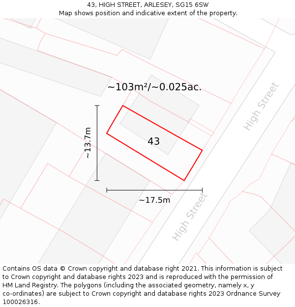 43, HIGH STREET, ARLESEY, SG15 6SW: Plot and title map