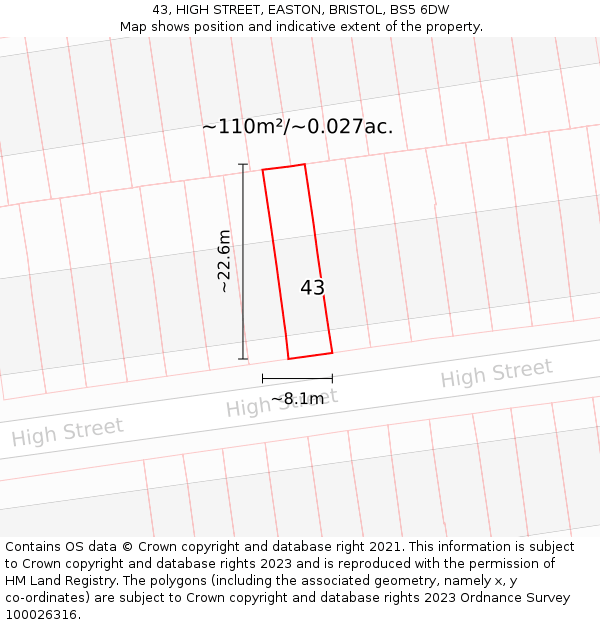43, HIGH STREET, EASTON, BRISTOL, BS5 6DW: Plot and title map