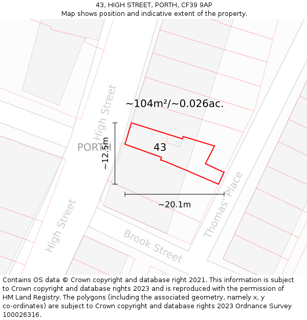 43, HIGH STREET, PORTH, CF39 9AP: Plot and title map