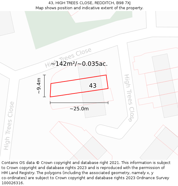 43, HIGH TREES CLOSE, REDDITCH, B98 7XJ: Plot and title map