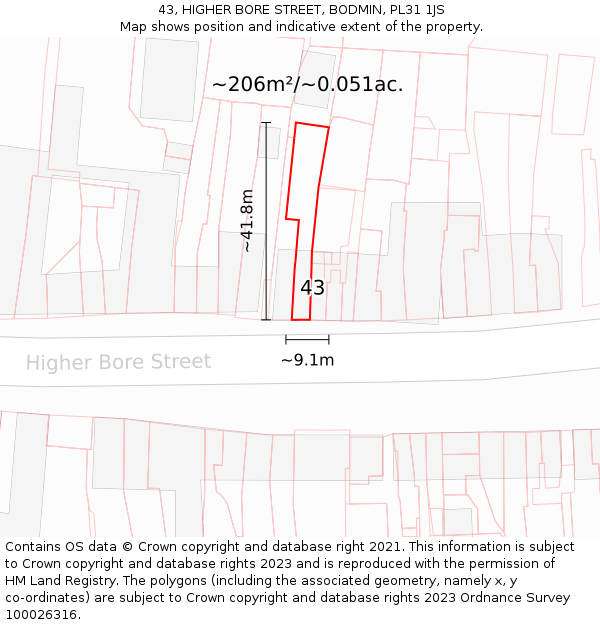 43, HIGHER BORE STREET, BODMIN, PL31 1JS: Plot and title map