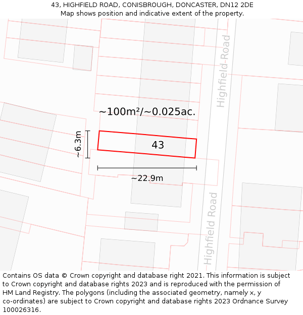 43, HIGHFIELD ROAD, CONISBROUGH, DONCASTER, DN12 2DE: Plot and title map