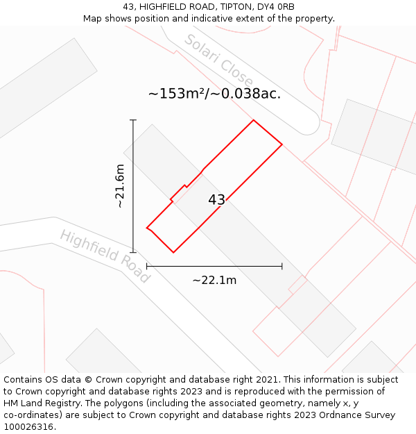 43, HIGHFIELD ROAD, TIPTON, DY4 0RB: Plot and title map