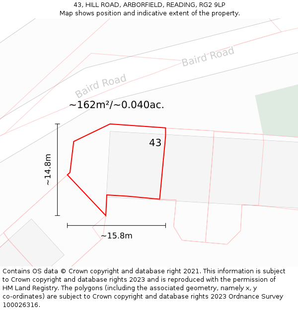 43, HILL ROAD, ARBORFIELD, READING, RG2 9LP: Plot and title map